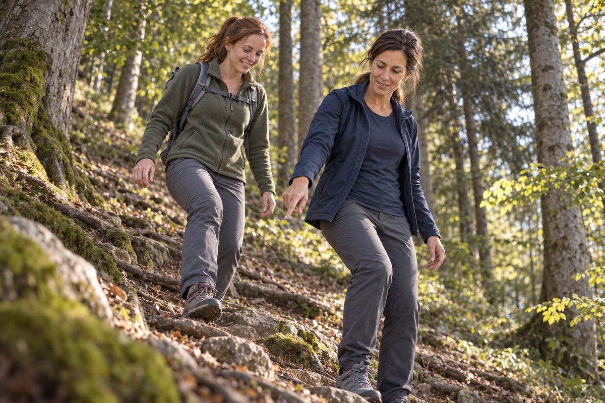 Nina geht hinter Helena einen steilen Waldweg hinunter.