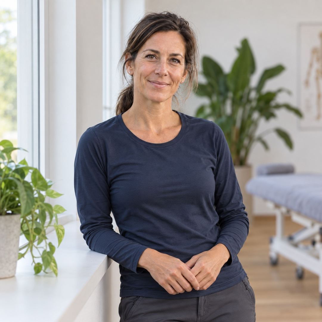 Helena Steiner lehnt in ihrem Behandlungsraum an der Fensterbank.