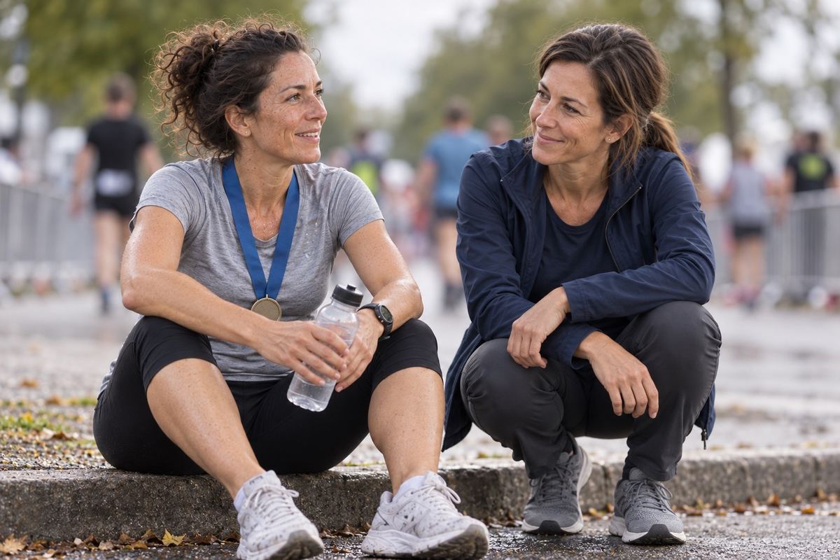 Karin sitzt nach dem Zieleinlauf mit Medaille am Strassenrand und lacht mit Helena.